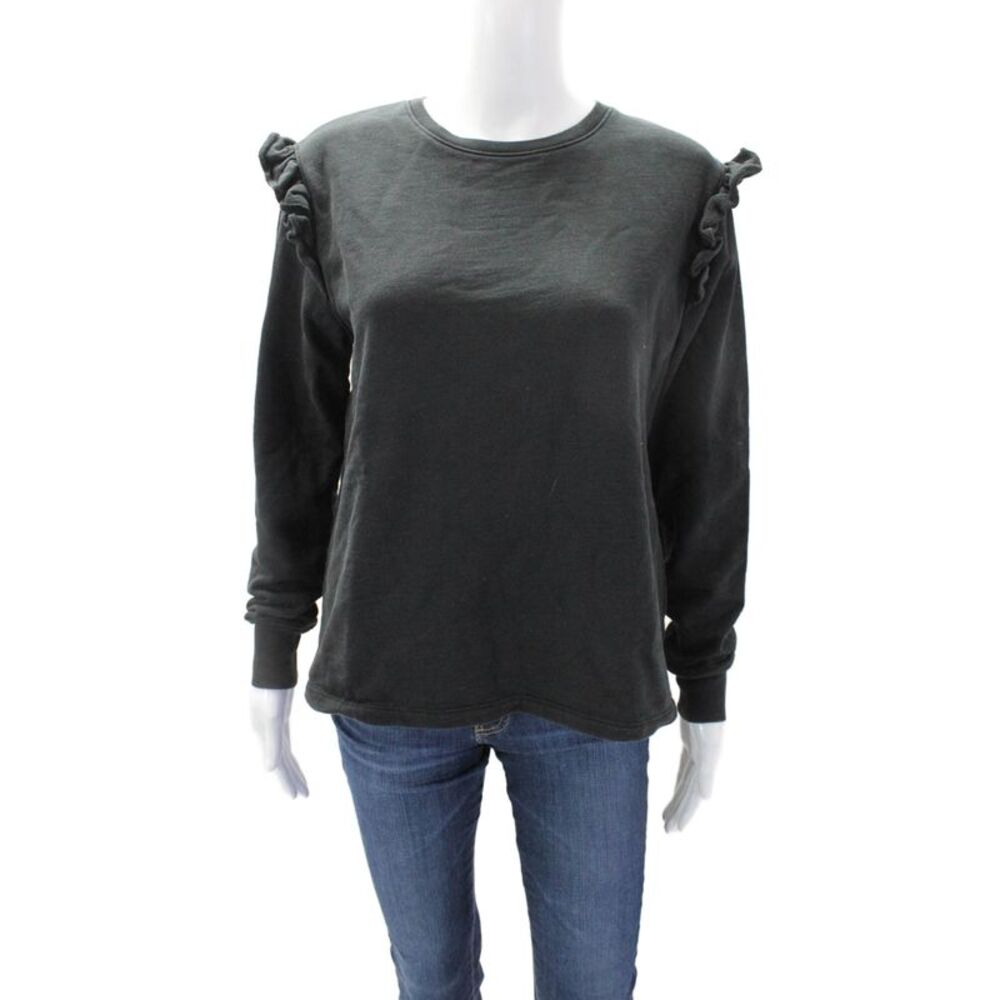 Leallo Womens Cotton Ruffle Long Sleeve Detail Crewneck Sweatshirt Black Size S